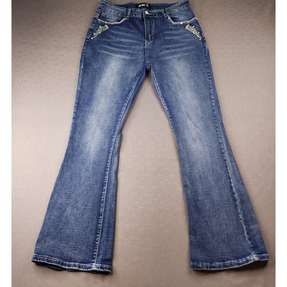 Sky Premium Denim Bootcut Jeans Blue Skull Wing Rhinestone Embellished Womens